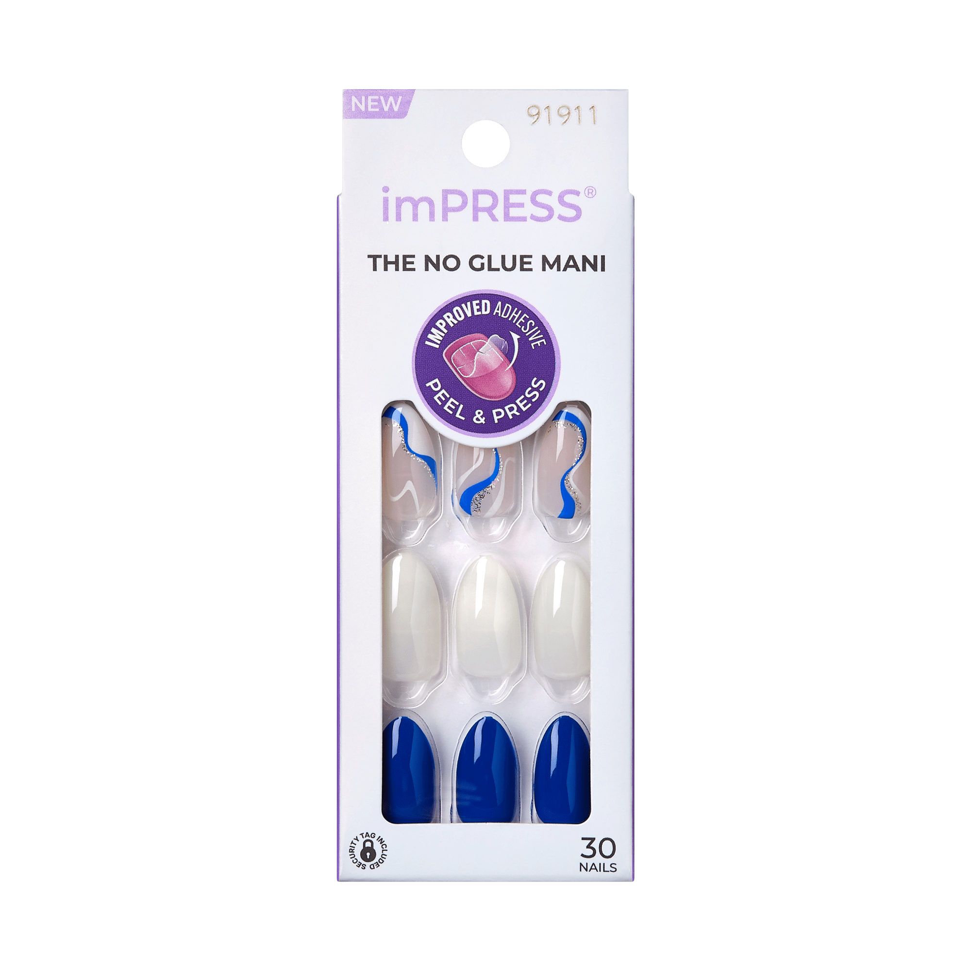 Impress Design No Glue Fake Press On Nails - Free Soul | Design, Blue & White, Medium, Almond, Manicure