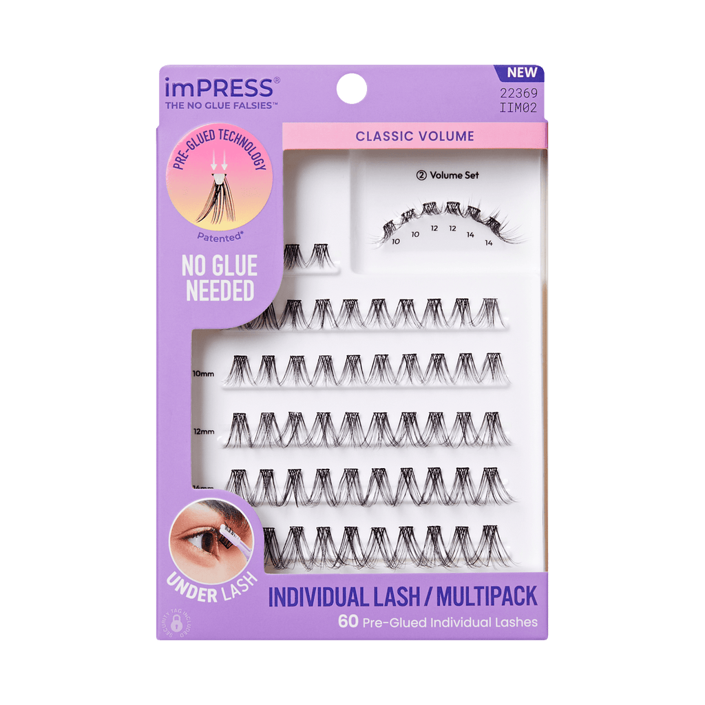 Impress Falsies Pre-Glued Individual False Eyelashes Multipack- Classic Volume | 60 Lash Clusters, 8mm–16mm