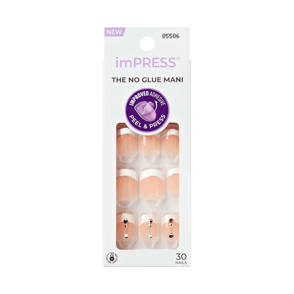 Impress Design No Glue Fake Press On Nails - Falling | 3D & Jewel French, White, Short, Squoval, Manicure