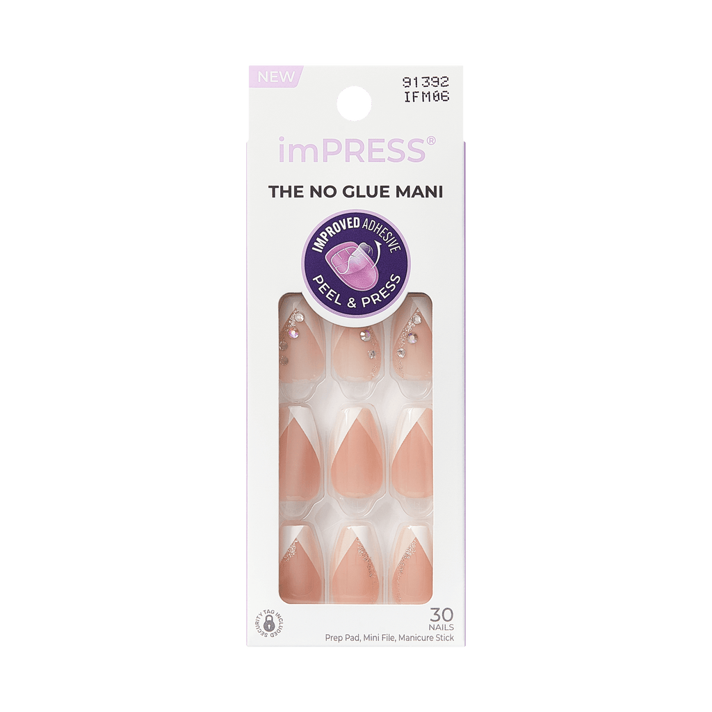 Impress French No Glue Fake Press On Nails - Glimpse | 3D & Jewel French, White, Medium, Coffin, Manicure