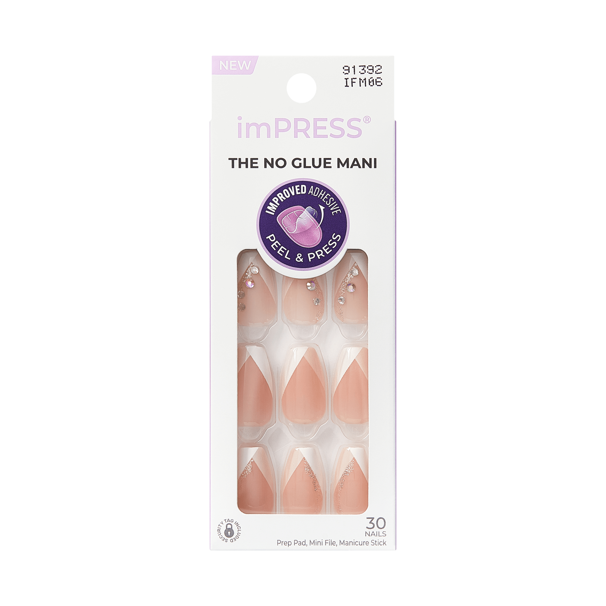 Impress French No Glue Fake Press On Nails - Glimpse | 3D & Jewel French, White, Medium, Coffin, Manicure