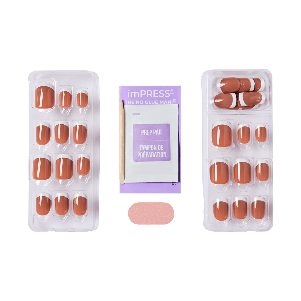 Impress Design No Glue Fake Press On Nails - Chatoyer | French Design, Brown, Short, Squoval, Manicure