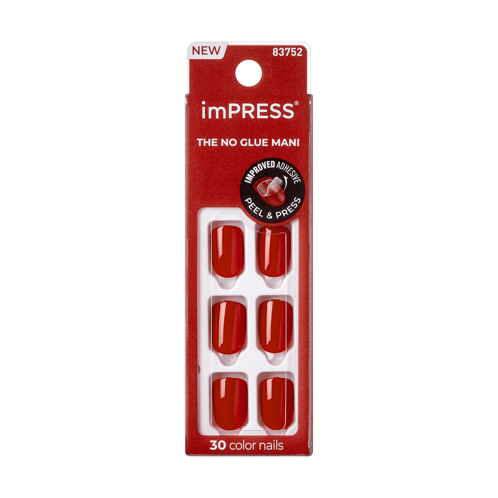 Impress Color No Glue Fake Press On Nails - Reddy or Not | Solid, Red, Short, Squoval, Manicure