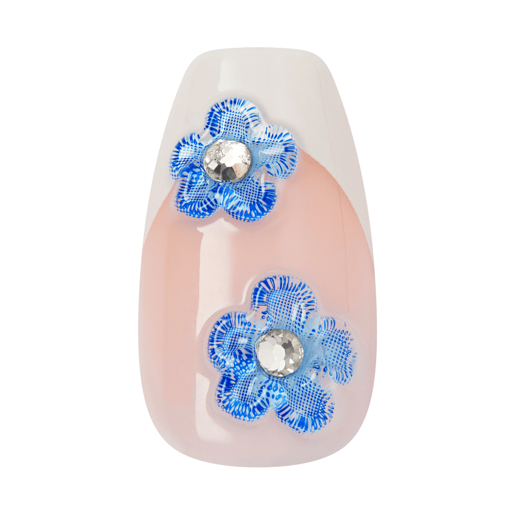 Impress Design No Glue Fake Press On Nails - Pure Ray | 3D & Jewel French Design, Blue & White, Medium, Coffin, Manicure