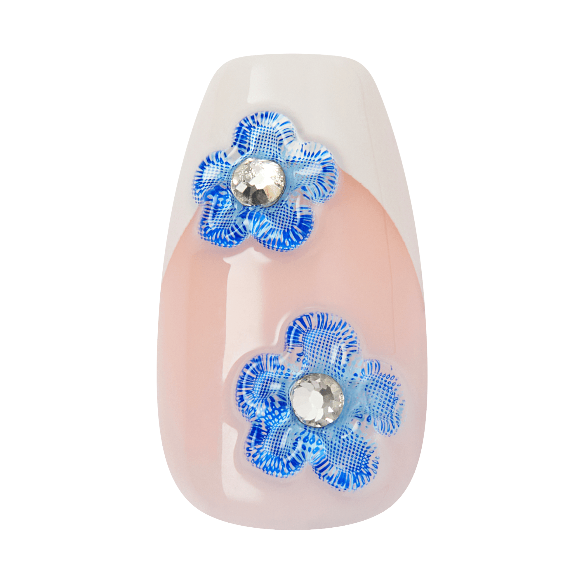 Impress Design No Glue Fake Press On Nails - Pure Ray | 3D & Jewel French Design, Blue & White, Medium, Coffin, Manicure