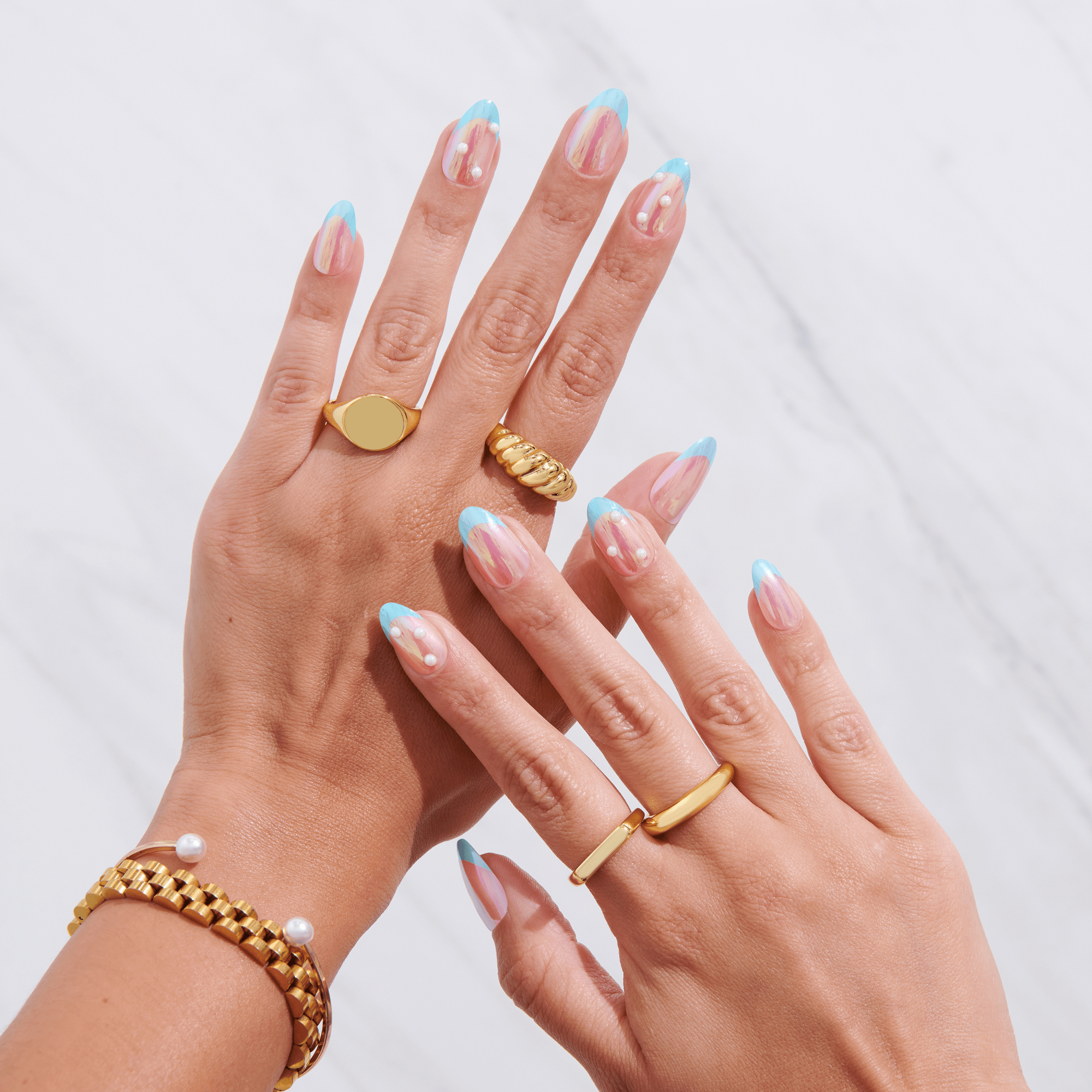Impress Premium No Glue Fake Press On Nails - Best Life | 3D & Jewel French, Metallic Blue, Medium, Almond, Manicure