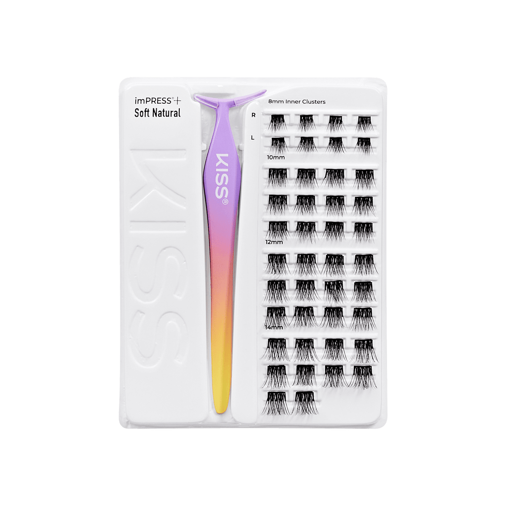 Impress+ Pre-Glued False Eyelashes Starter Kit - Soft Natural | 42 Lash Clusters, With Applicator, Includes Inner Clusters, 8mm-14mm