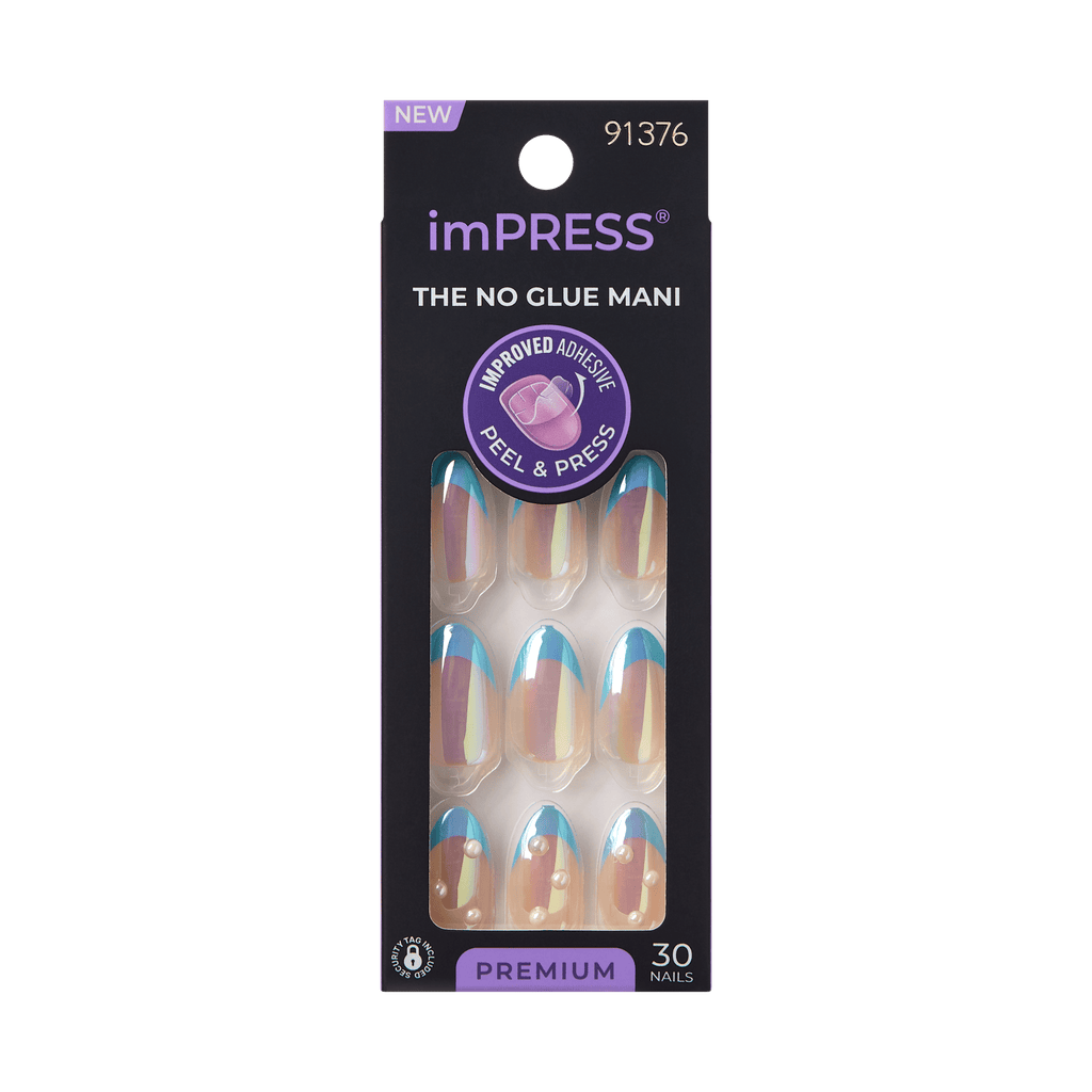 Impress Premium No Glue Fake Press On Nails - Best Life | 3D & Jewel French, Metallic Blue, Medium, Almond, Manicure