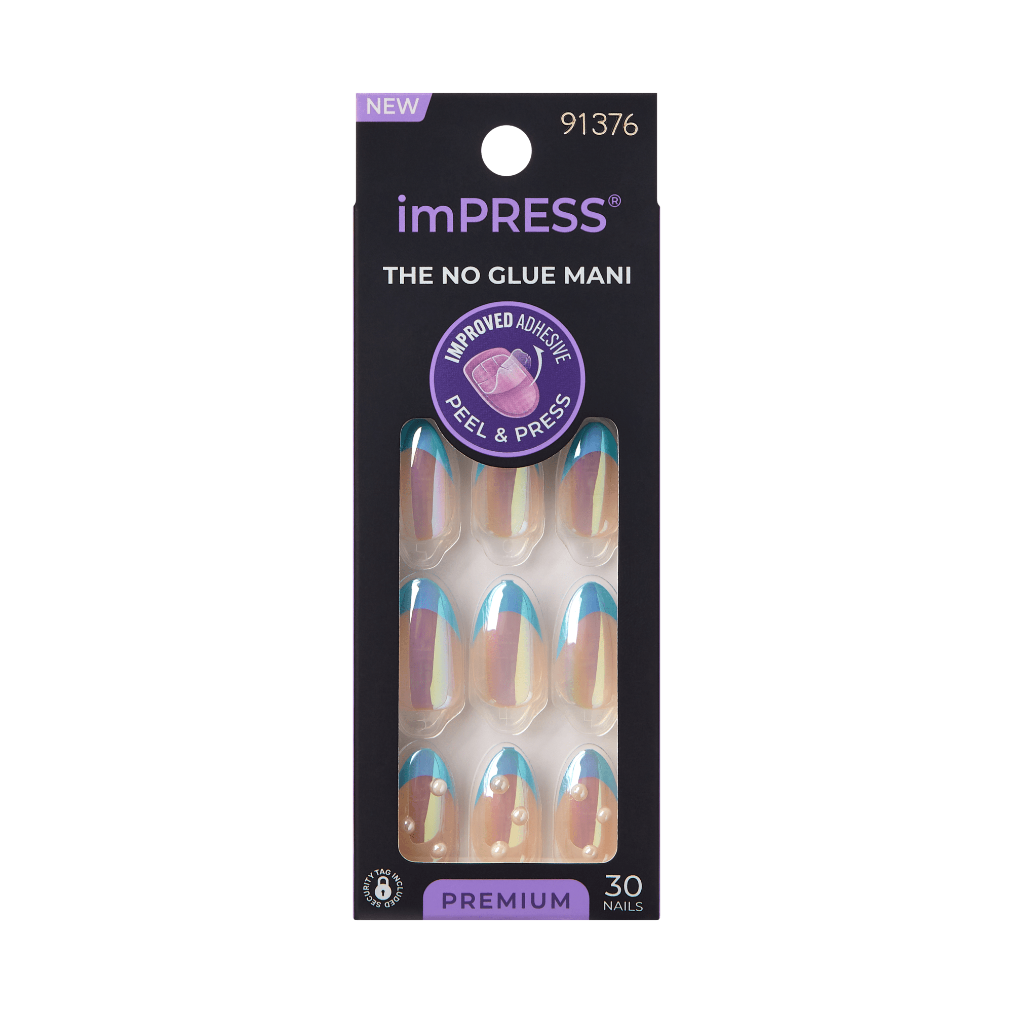 Impress Premium No Glue Fake Press On Nails - Best Life | 3D & Jewel French, Metallic Blue, Medium, Almond, Manicure
