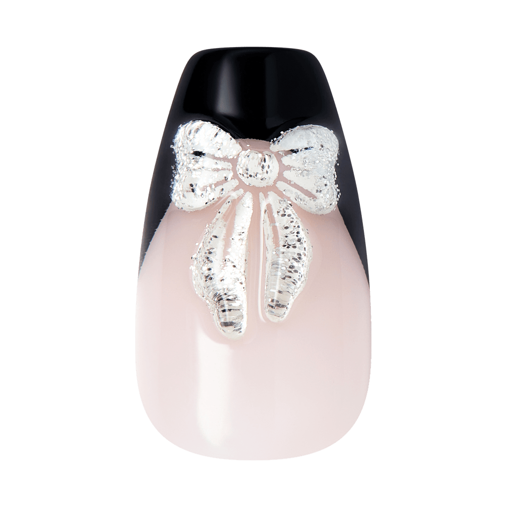 Impress Design No Glue Fake Press On Nails - By The River | 3D & Jewel French, Black, Medium, Coffin, Manicure