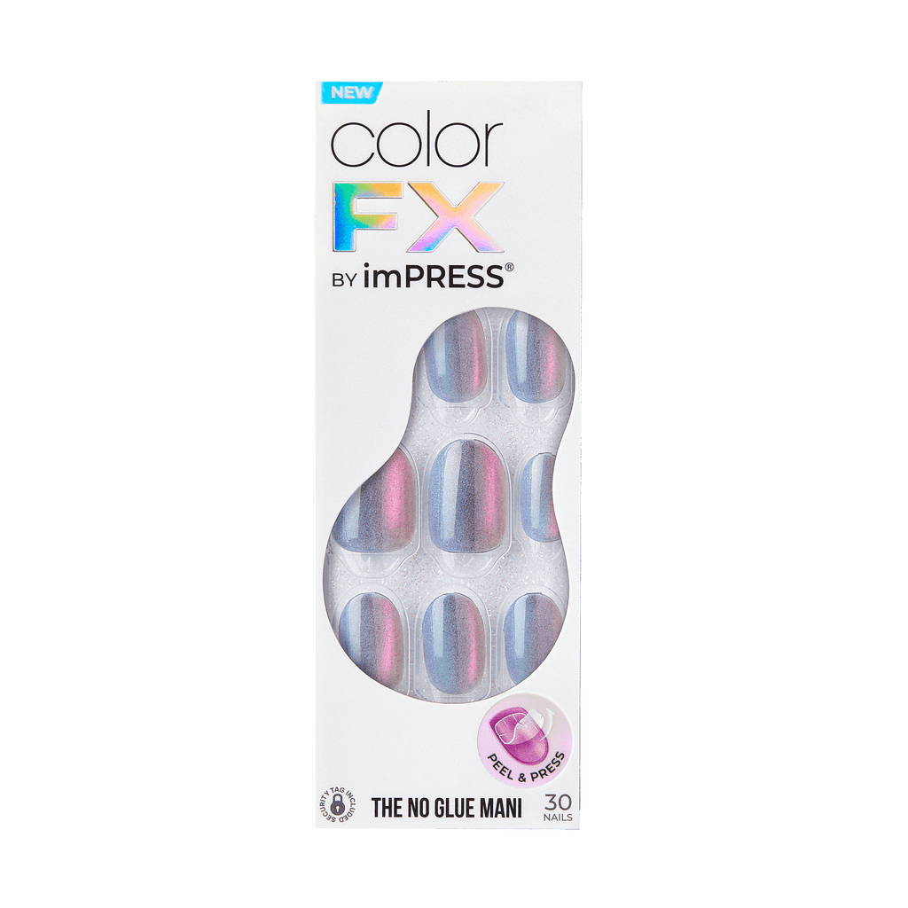 colorFX by Impress No Glue Fake Press On Nails - Fly Up | Solid, Silver, Short, Oval, Manicure
