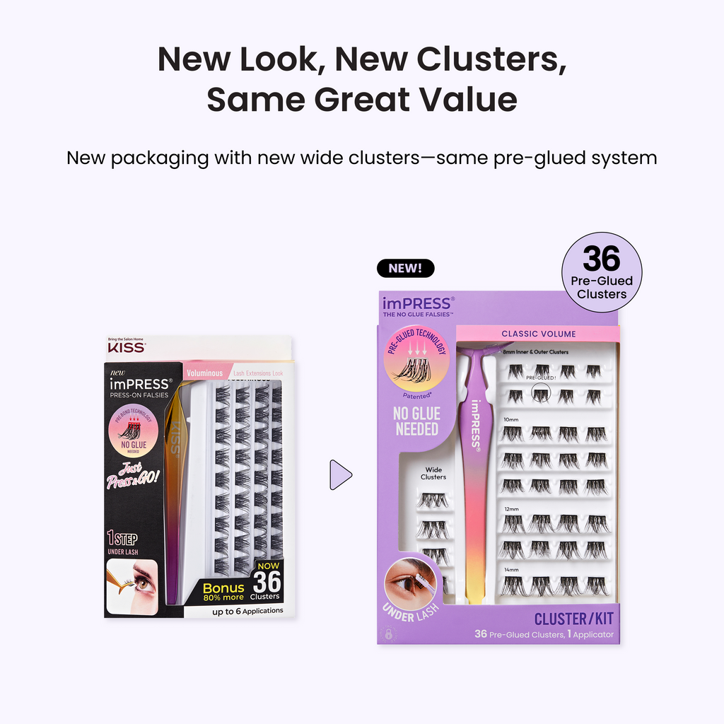 Impress Falsies Pre-Glued False Eyelashes Starter Kit - Classic Volume | 36 Lash Clusters, With Applicator, 12mm-14mm