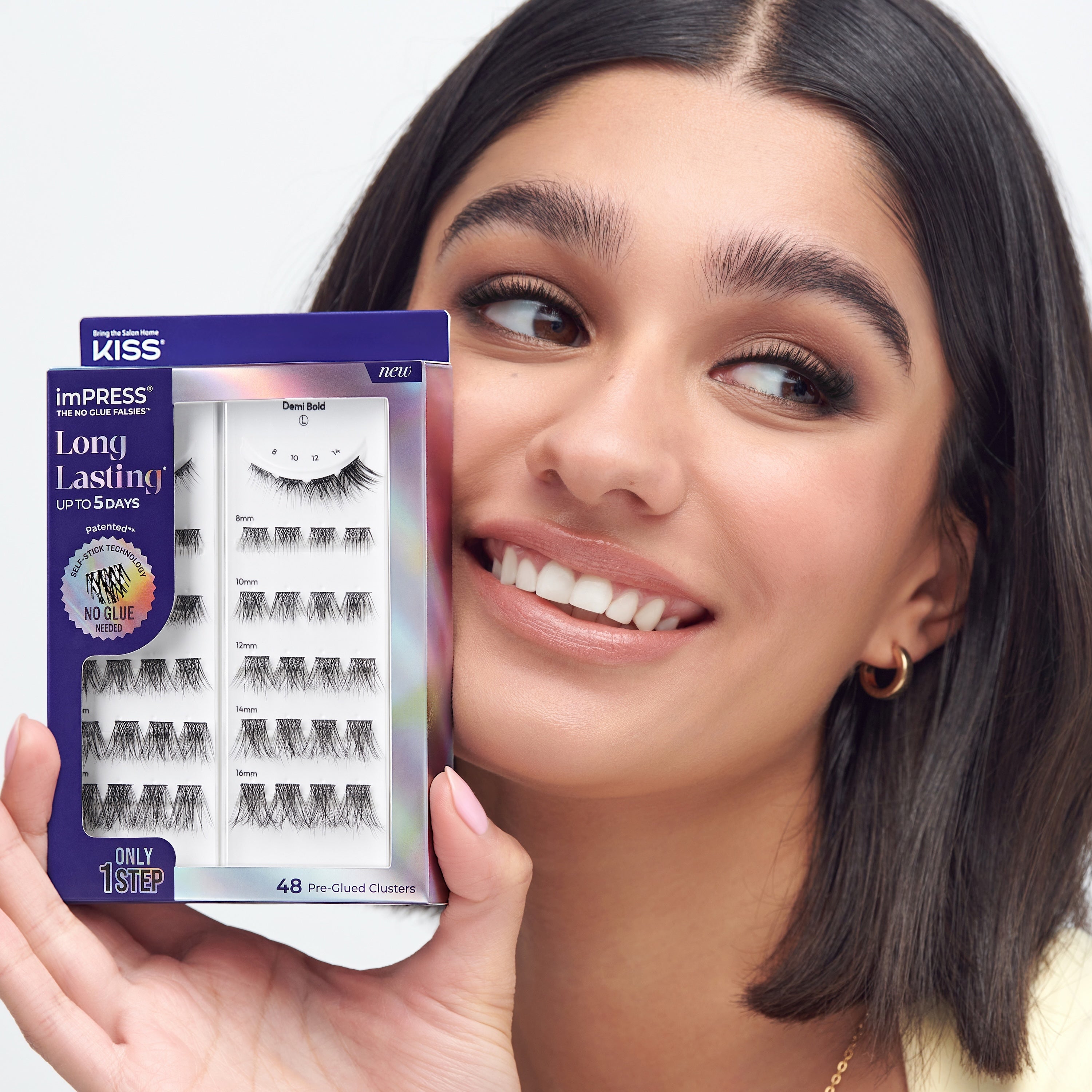 Impress Falsies Long Lasting Pre-Glued False Eyelashes - Demi Bold | 48 Lash Clusters, Up To 5 Day Wear, 8mm-16mm