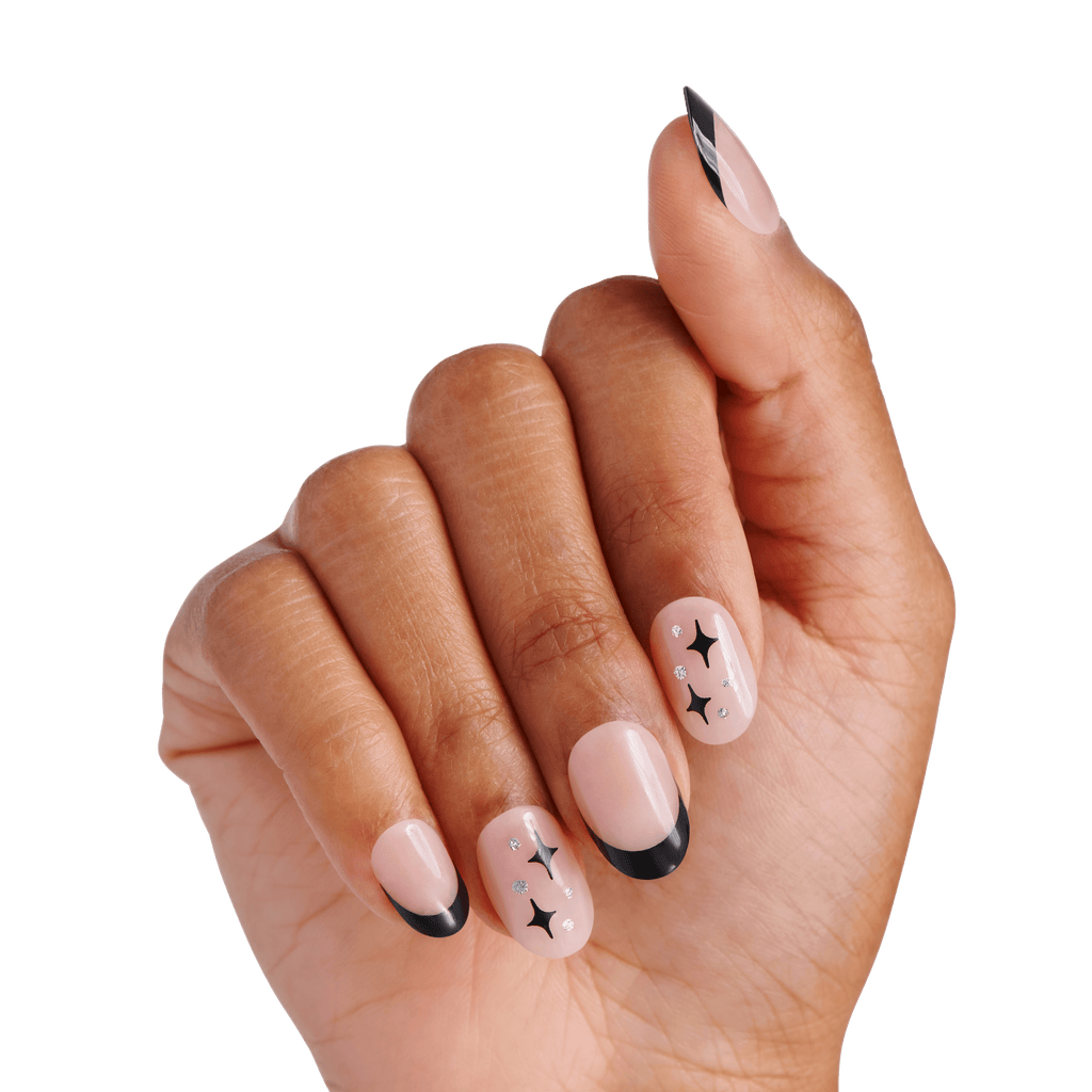 Impress Design No Glue Fake Press On Nails - Gold Ring | French Design, Black, Short, Oval, Manicure