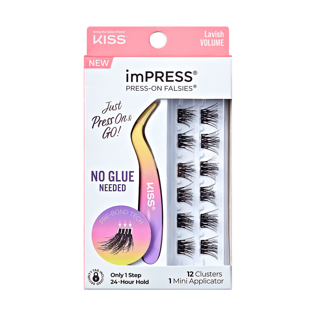 Impress Falsies Pre-Glued False Eyelashes Minipack - Lavish | 12 Lash Clusters, With Mini Applicator, 12mm-14mm