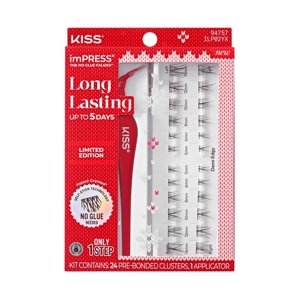 Impress Falsies Long Lasting Pre-Glued Holiday False Eyelashes - Demi Edgy | 24 Lash Clusters, Up To 5 Day Wear, 5mm-14mm