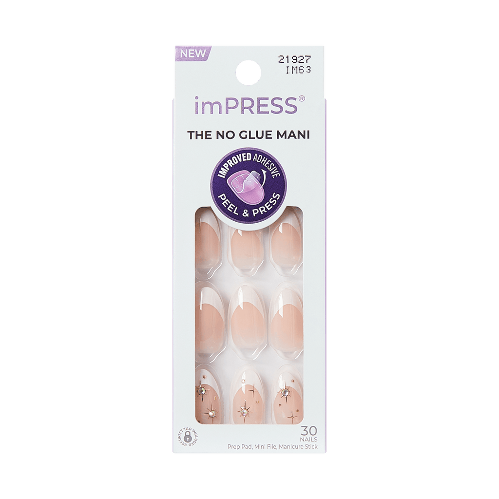 Impress Design No Glue Fake Press On Nails - Star Player | 3D & Jewel French, White, Medium, Almond, Manicure
