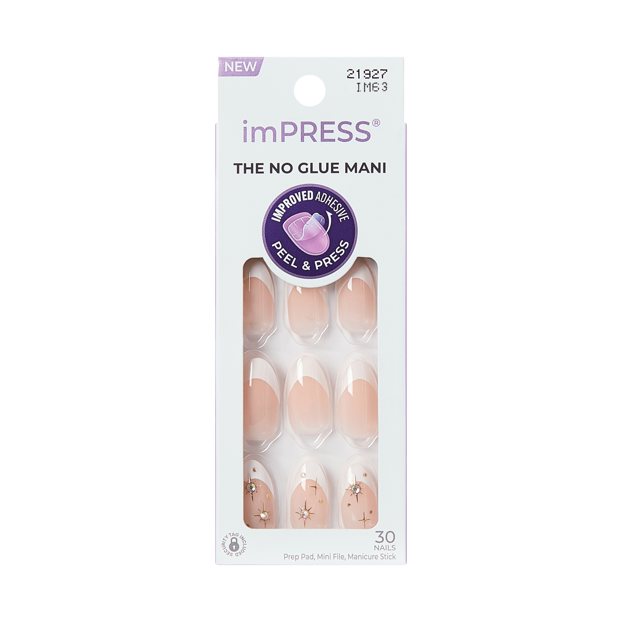 Impress Design No Glue Fake Press On Nails - Star Player | 3D & Jewel French, White, Medium, Almond, Manicure