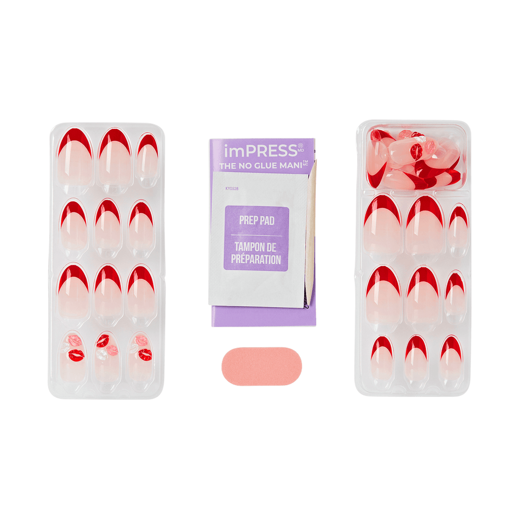 Impress Design No Glue Fake Press On Nails - Lover | 3D & Jewel French Design, Red, Medium, Almond, Manicure