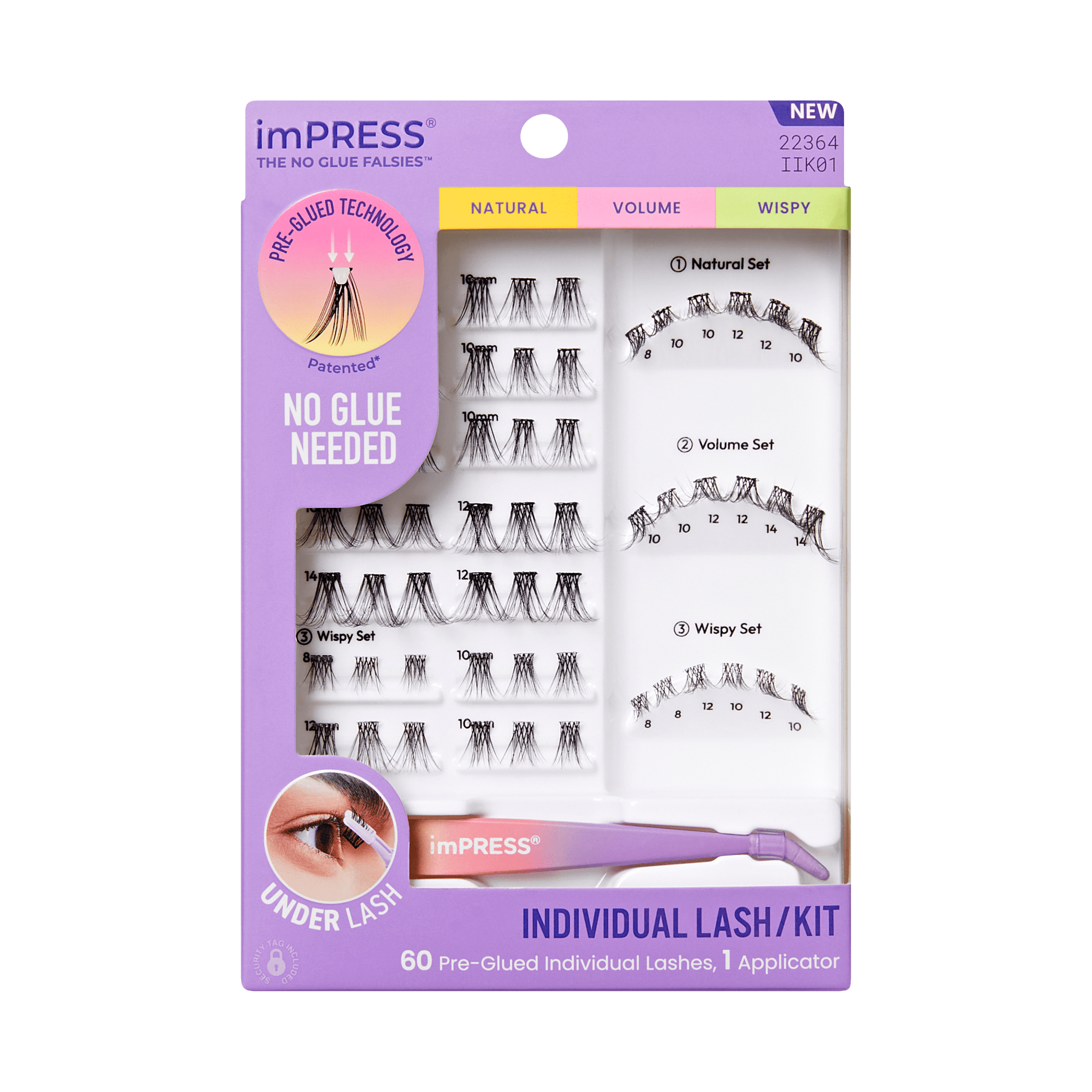 Impress Falsies Pre-Glued Individual False Eyelashes Starter Kit | 60 Lash Clusters, With Applicator, 8mm-14mm
