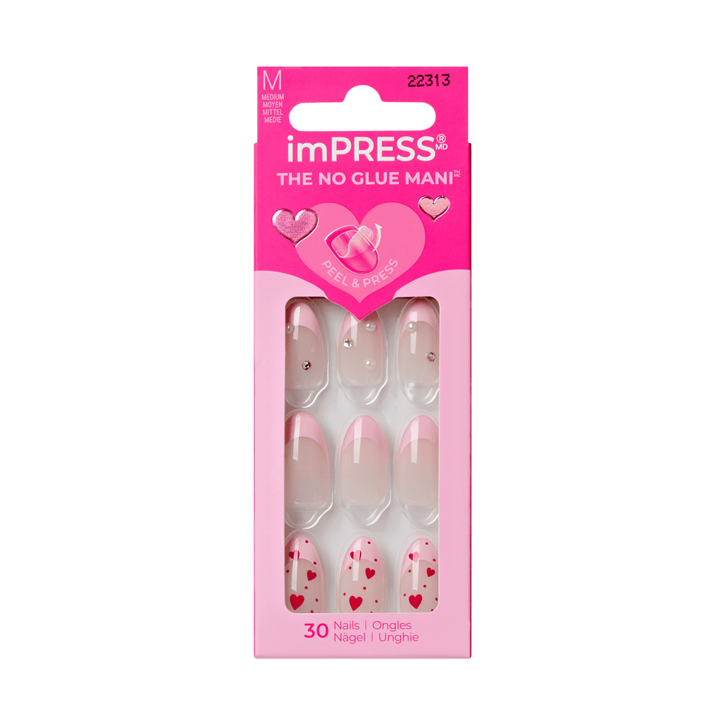 Impress Design No Glue Fake Press On Nails - Still The One | 3D & Jewel French Design, Pink, Medium, Almond, Manicure