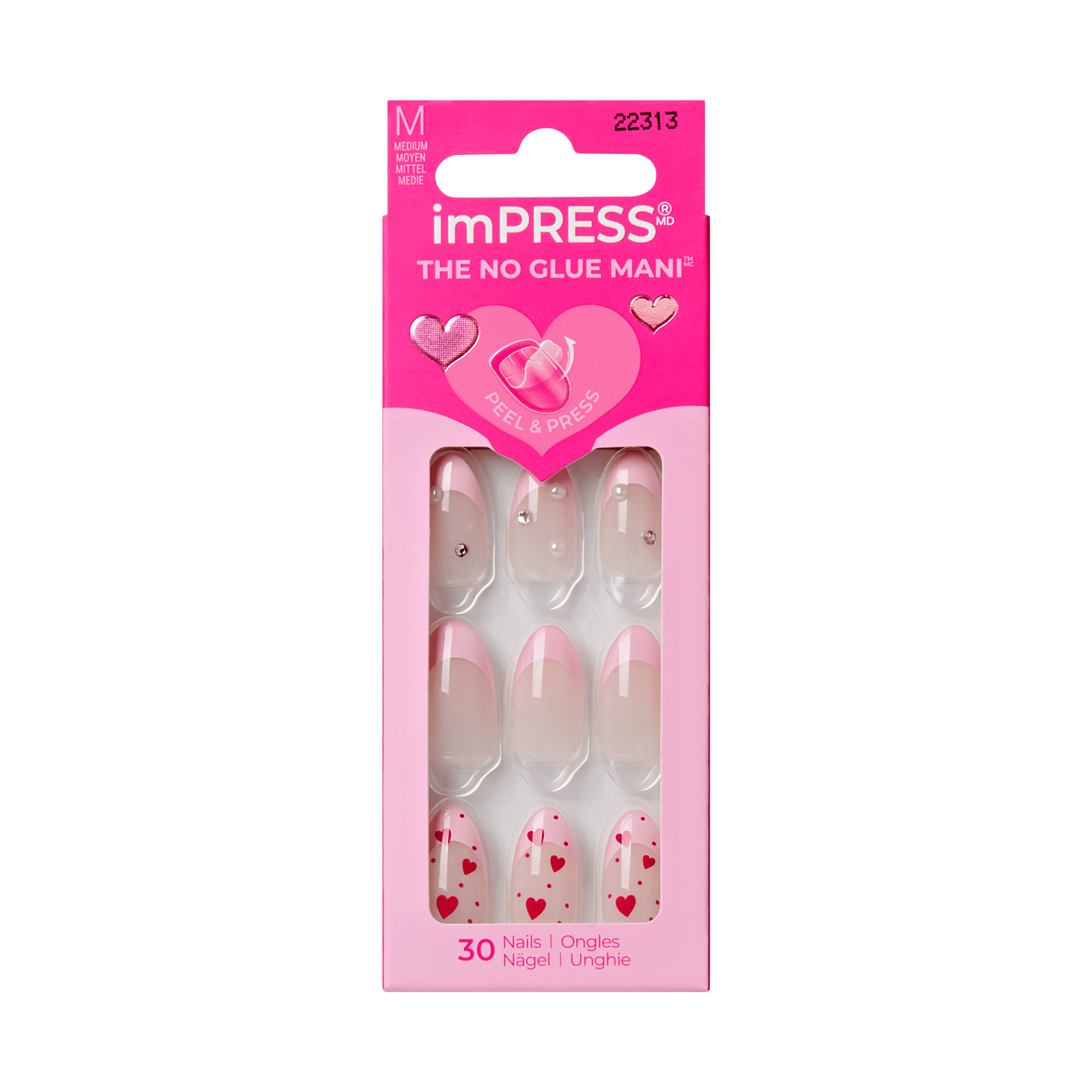 Impress Design No Glue Fake Press On Nails - Still The One | 3D & Jewel French Design, Pink, Medium, Almond, Manicure