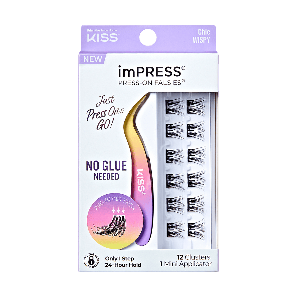 Impress Falsies Pre-Glued False Eyelashes Minipack - Chic | 12 Lash Clusters, With Mini Applicator, 12mm-14mm