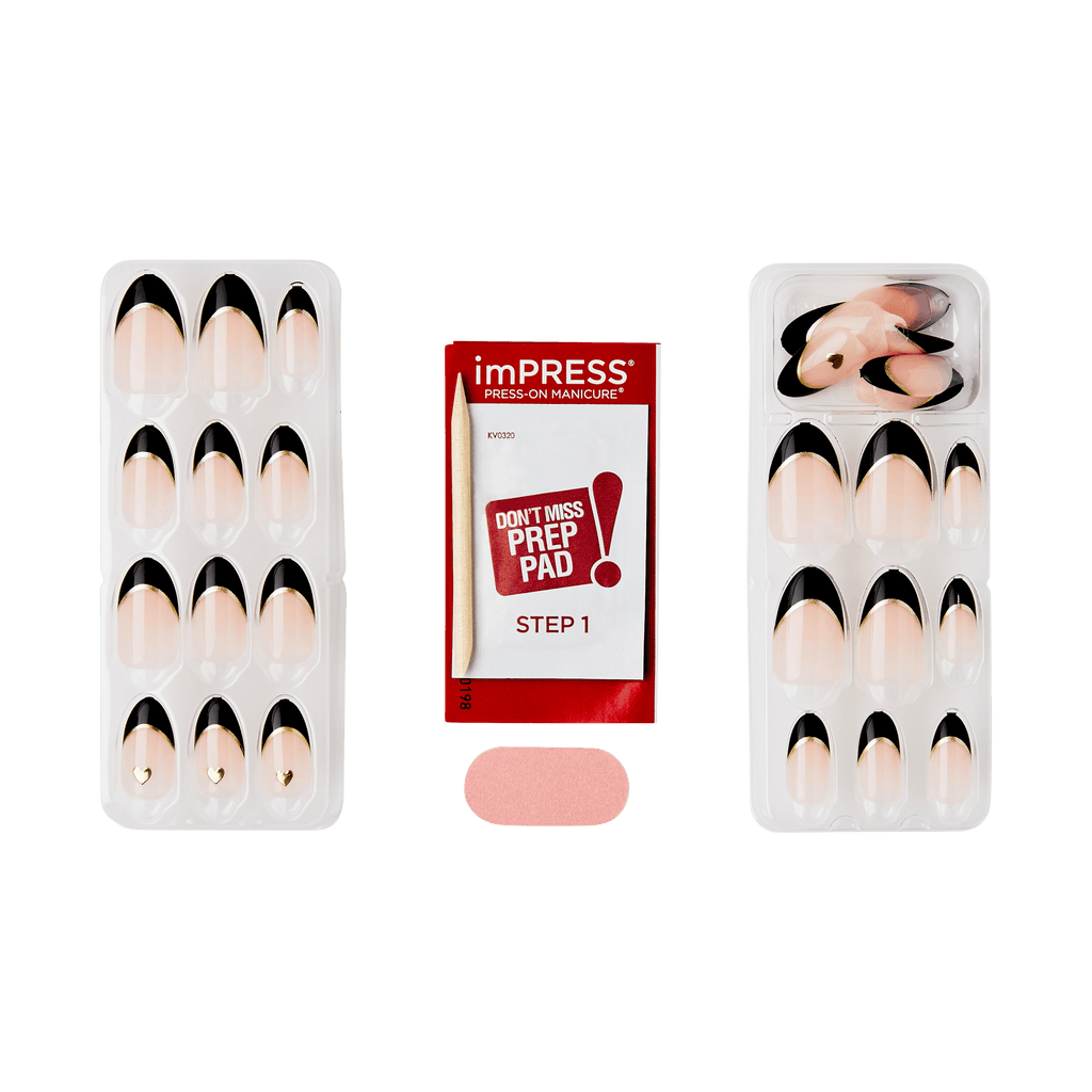 Impress Design No Glue Fake Press On Nails - Positive | French Design, Black, Medium, Almond, Manicure