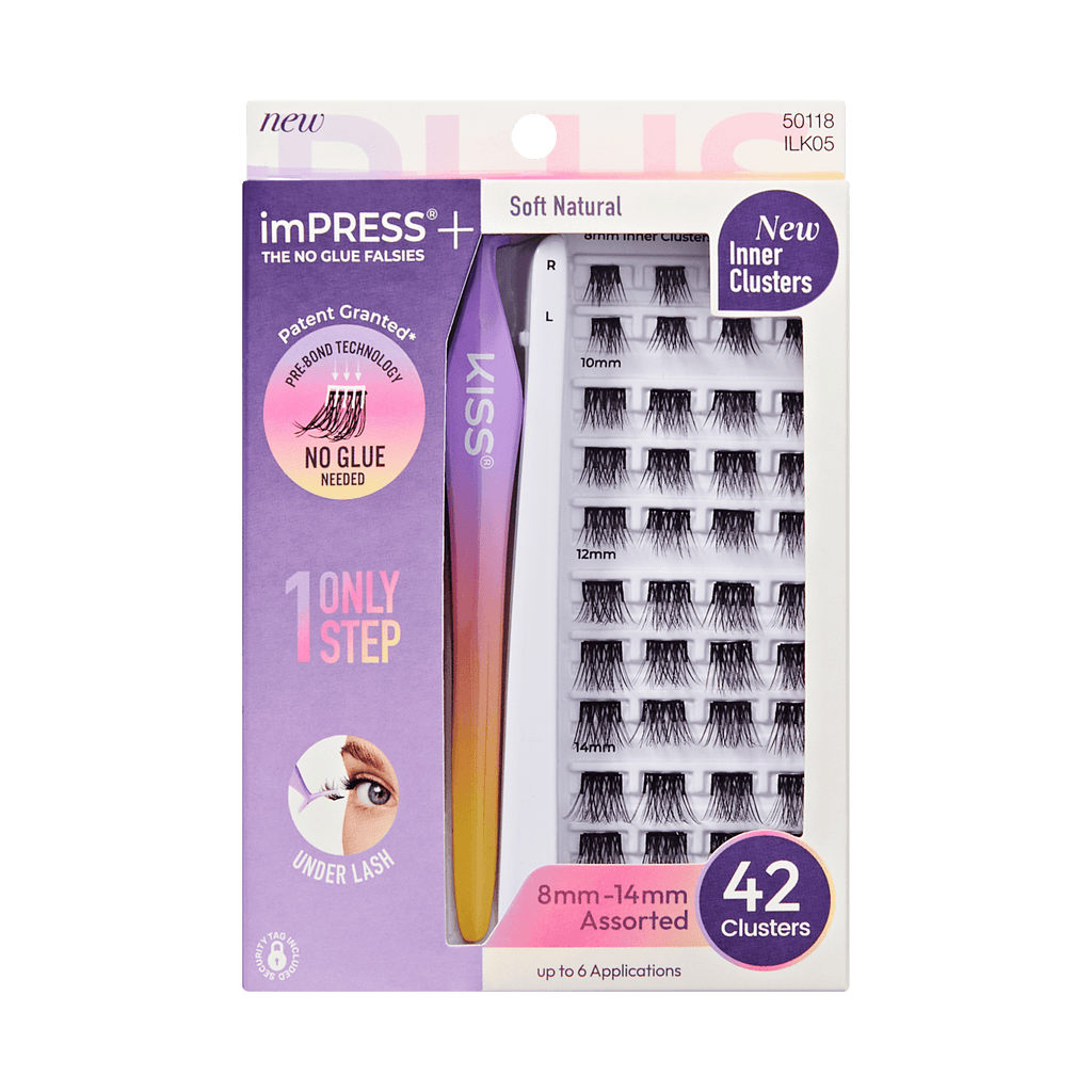 Impress+ Pre-Glued False Eyelashes Starter Kit - Soft Natural | 42 Lash Clusters, With Applicator, Includes Inner Clusters, 8mm-14mm