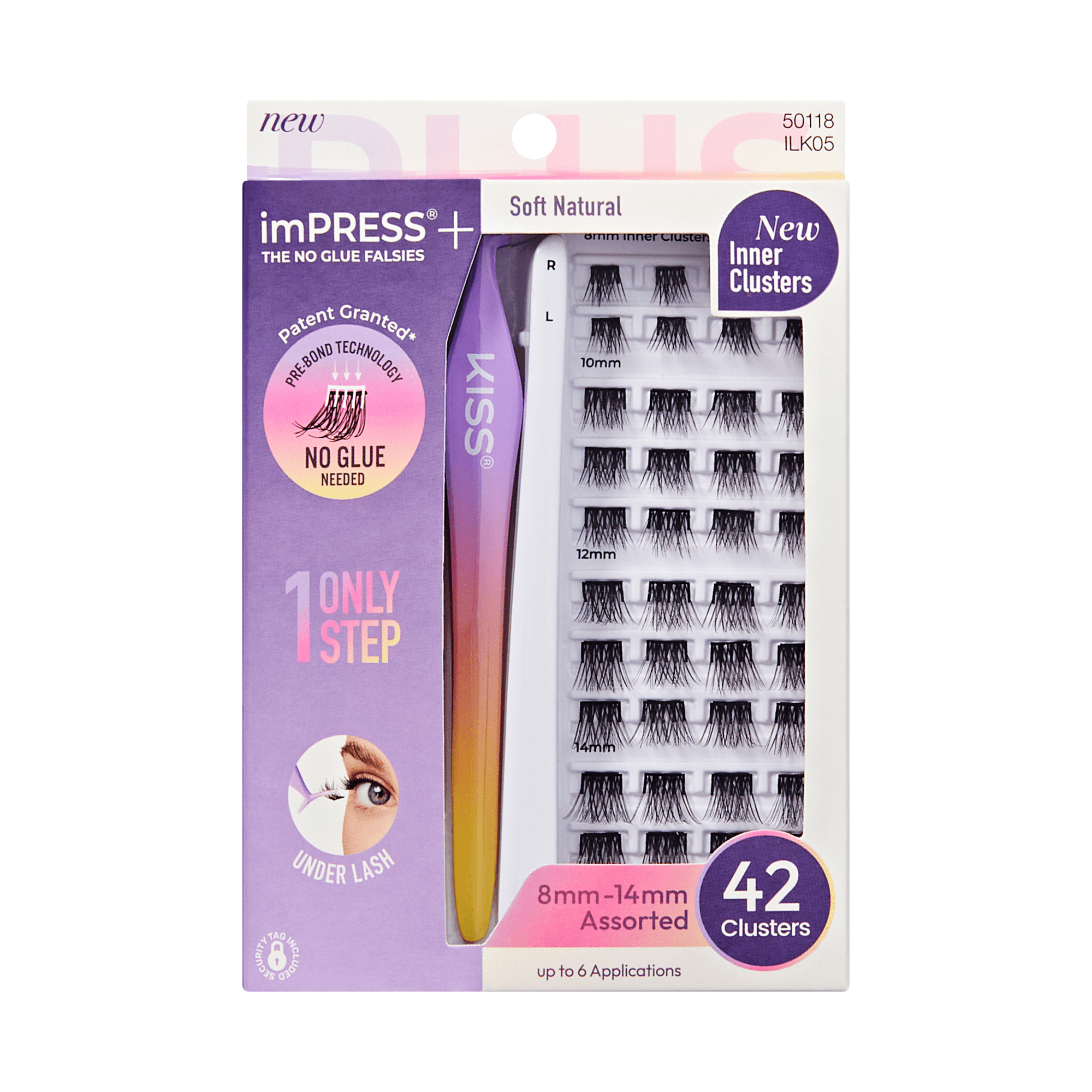 Impress+ Pre-Glued False Eyelashes Starter Kit - Soft Natural | 42 Lash Clusters, With Applicator, Includes Inner Clusters, 8mm-14mm