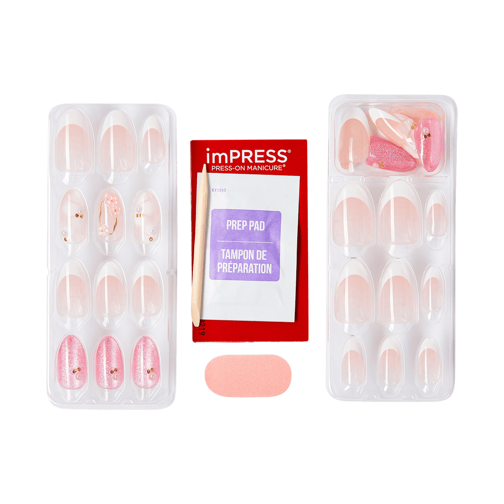 Impress Design No Glue Fake Press On Nails - Bloom Luxe | 3D & Jewel Design, Pink, Medium, Almond, Manicure