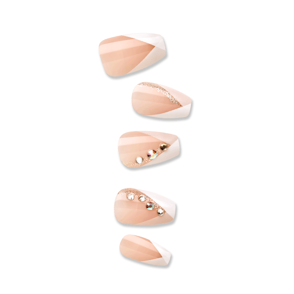 Impress French No Glue Fake Press On Nails - Glimpse | 3D & Jewel French, White, Medium, Coffin, Manicure