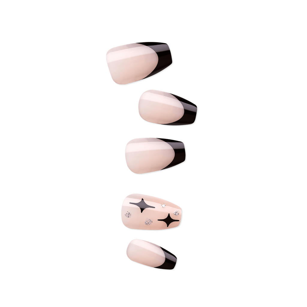Impress Design No Glue Fake Press On Nails - For the Night | French Design, Black, Medium, Coffin, Manicure