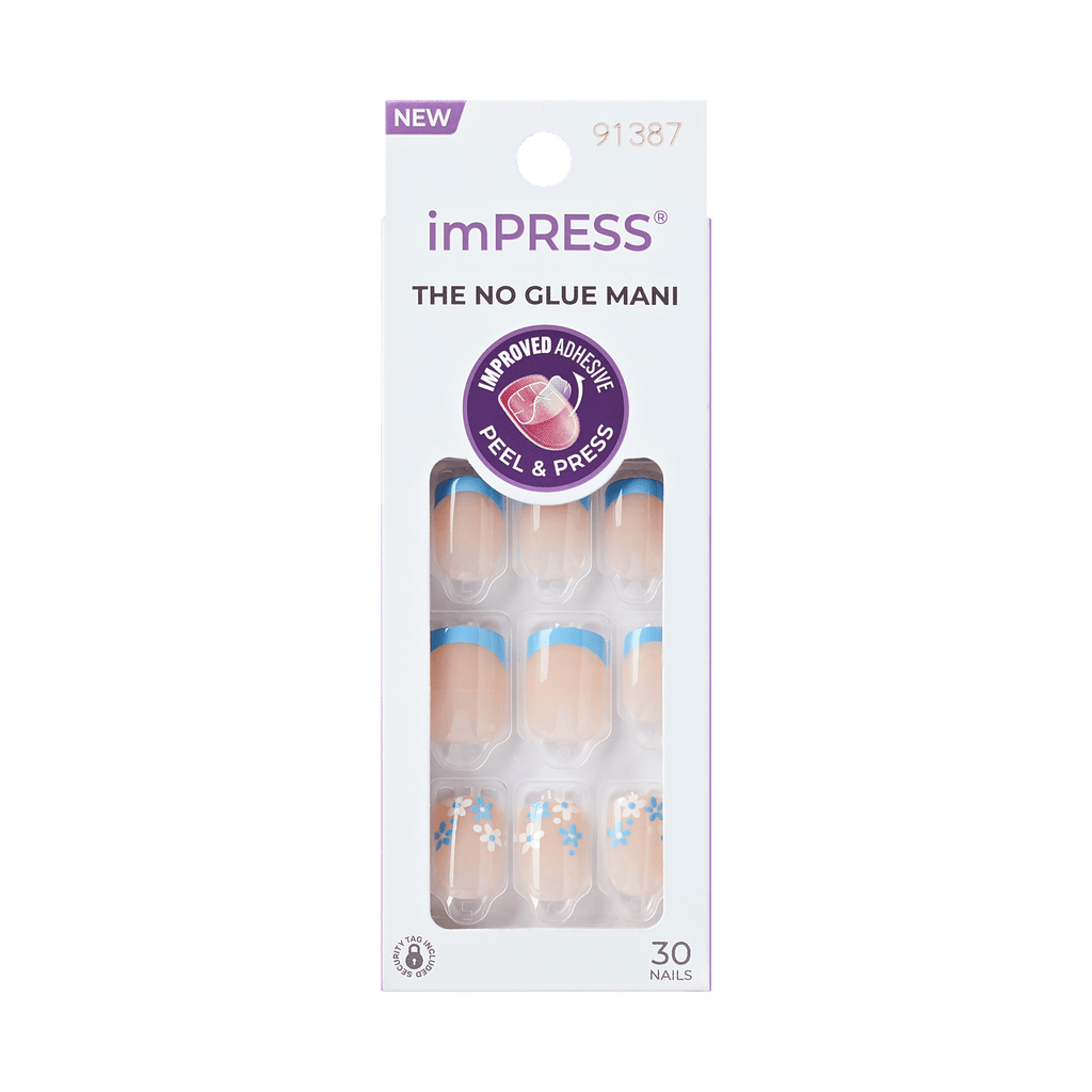 Impress French No Glue Fake Press On Nails - Snooze | French Design, Blue, Short, Squoval, Manicure