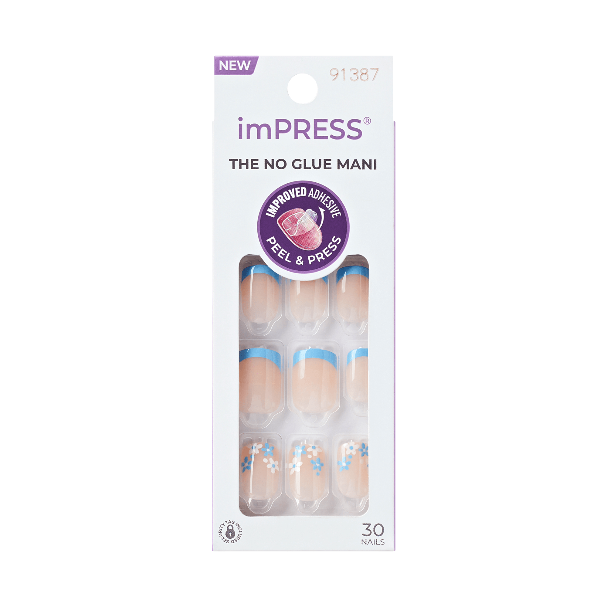 Impress French No Glue Fake Press On Nails - Snooze | French Design, Blue, Short, Squoval, Manicure