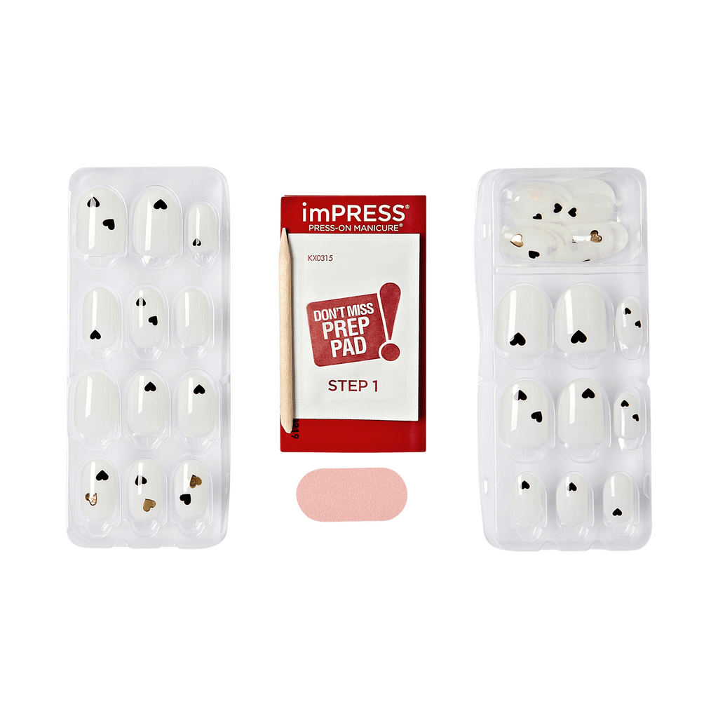 Impress Design No Glue Fake Press On Nails - Two of Hearts | Design, White, Short, Oval, Manicure