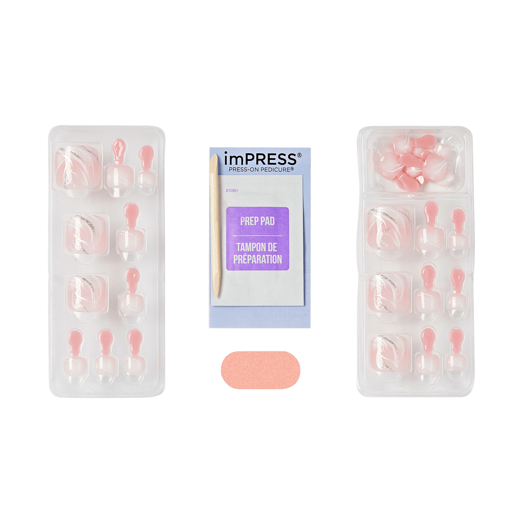 Impress Design No Glue Fake Press On Toenails - Is This Love | Design, Pink & White, Short, Squoval, Pedicure