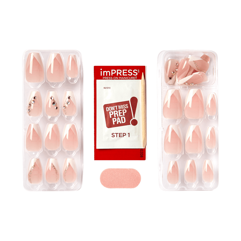 Impress French No Glue Fake Press On Nails - Glimpse | 3D & Jewel French, White, Medium, Coffin, Manicure
