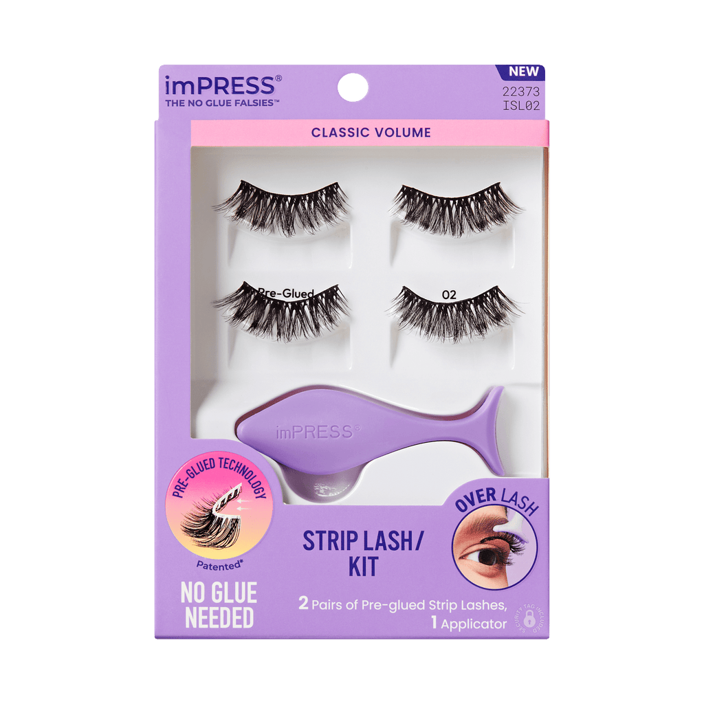 Impress Falsies Pre-Glued Strip False Eyelashes Starter Kit - Classic Volume | 2 Pairs, With Applicator, 10mm