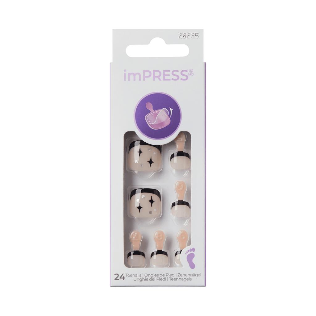 Impress Design No Glue Fake Press On Toenails - Paradise | French Design, Black, Short, Squoval, Pedicure