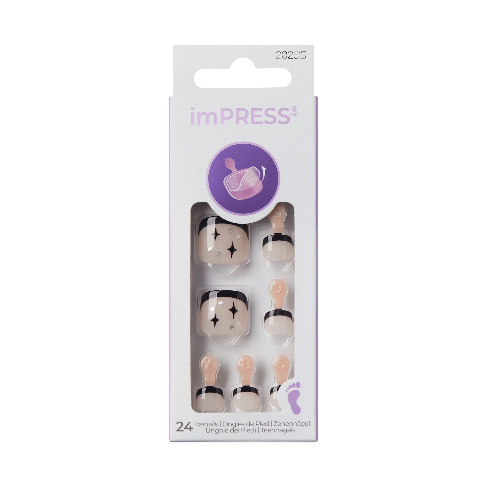 Impress Design No Glue Fake Press On Toenails - Paradise | French Design, Black, Short, Squoval, Pedicure