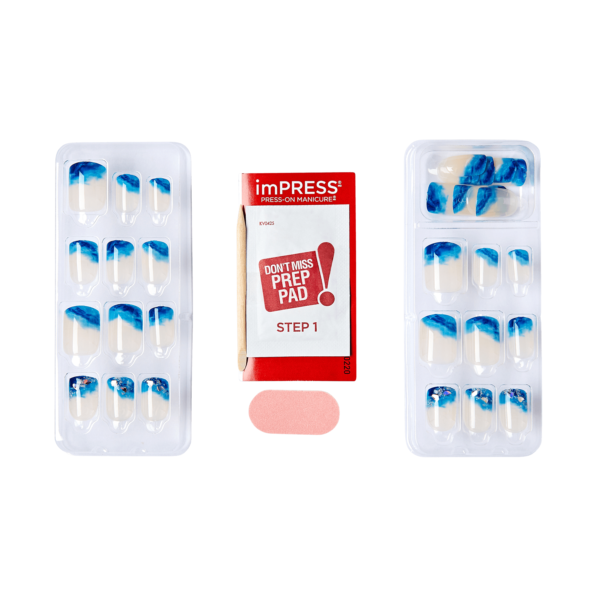 Impress Design No Glue Fake Press On Nails - All Summer Long | 3D & Jewel, Blue, Short, Squoval, Manicure