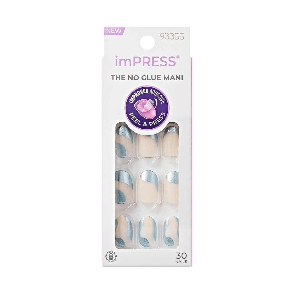 Impress Design No Glue Fake Press On Nails - Slip Dress | Design, Metallic Blue, Short, Oval, Manicure