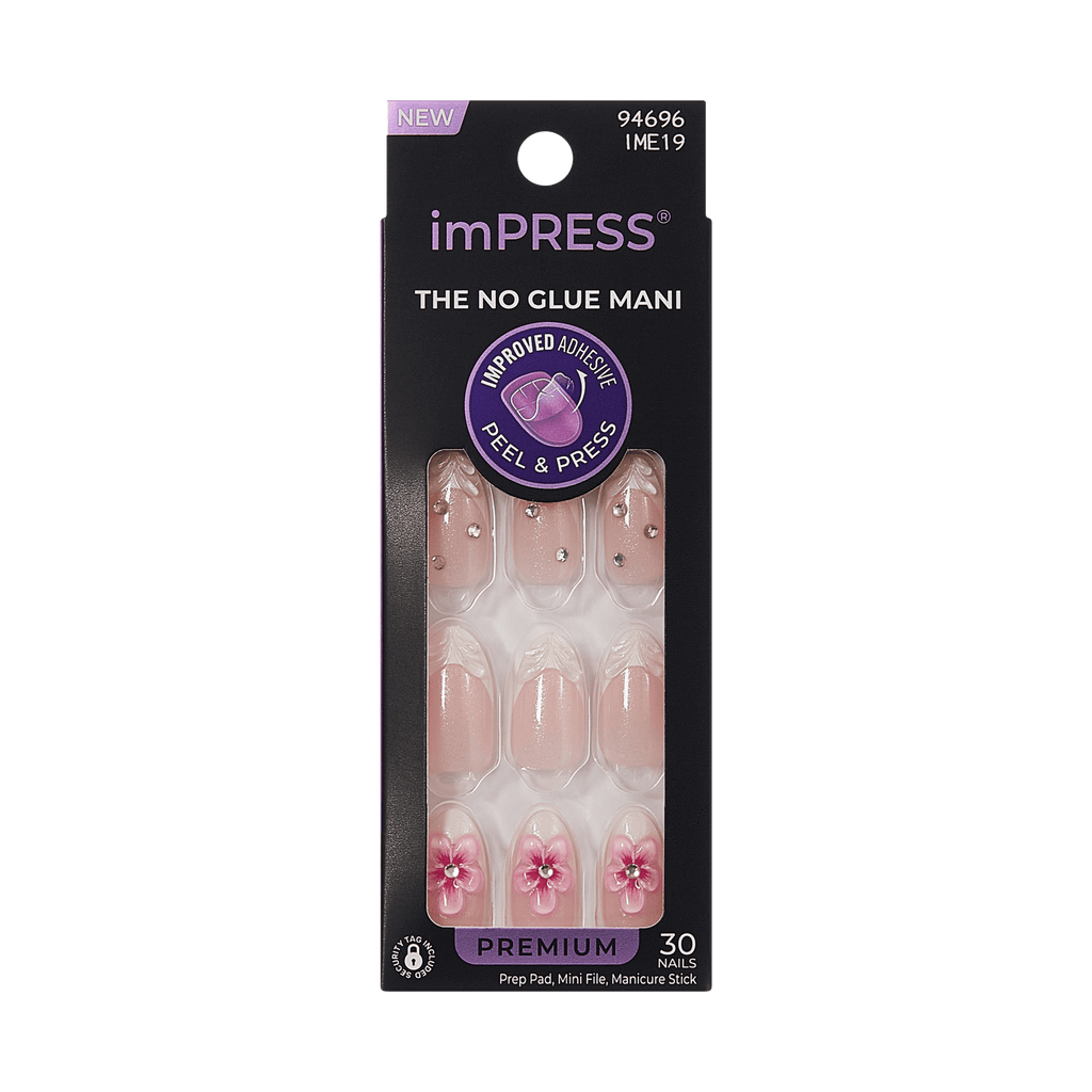 Impress Premium No Glue Fake Press On Nails - Couture-geous | 3D & Jewel French, Pink, Medium, Almond, Manicure