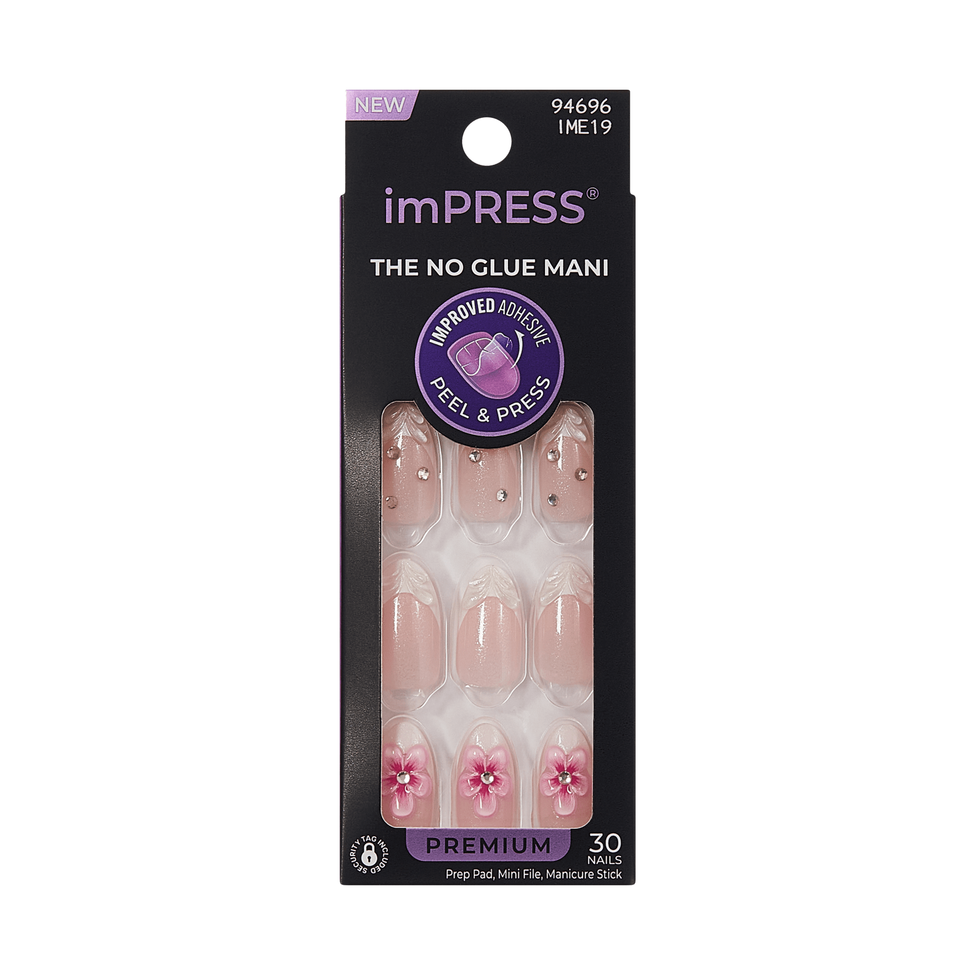 Impress Premium No Glue Fake Press On Nails - Couture-geous | 3D & Jewel French, Pink, Medium, Almond, Manicure