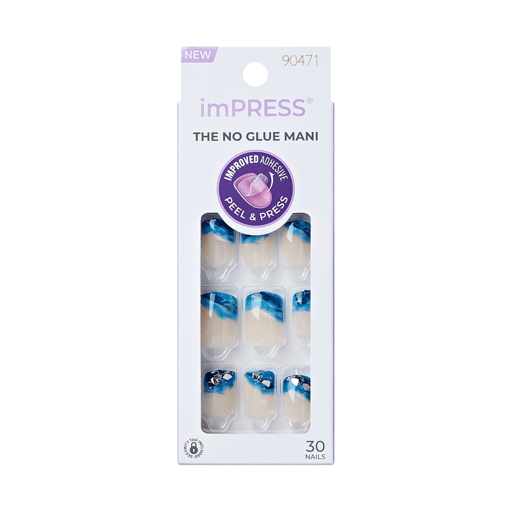 Impress Design No Glue Fake Press On Nails - All Summer Long | 3D & Jewel, Blue, Short, Squoval, Manicure