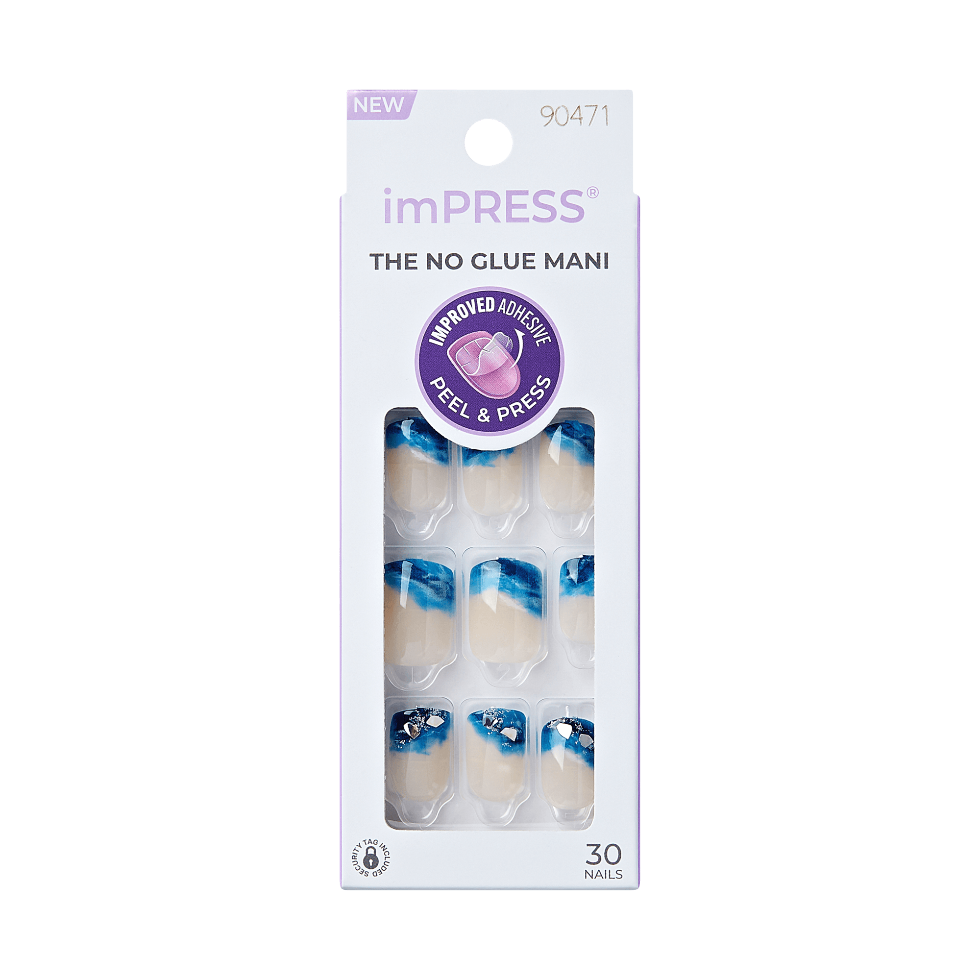 Impress Design No Glue Fake Press On Nails - All Summer Long | 3D & Jewel, Blue, Short, Squoval, Manicure