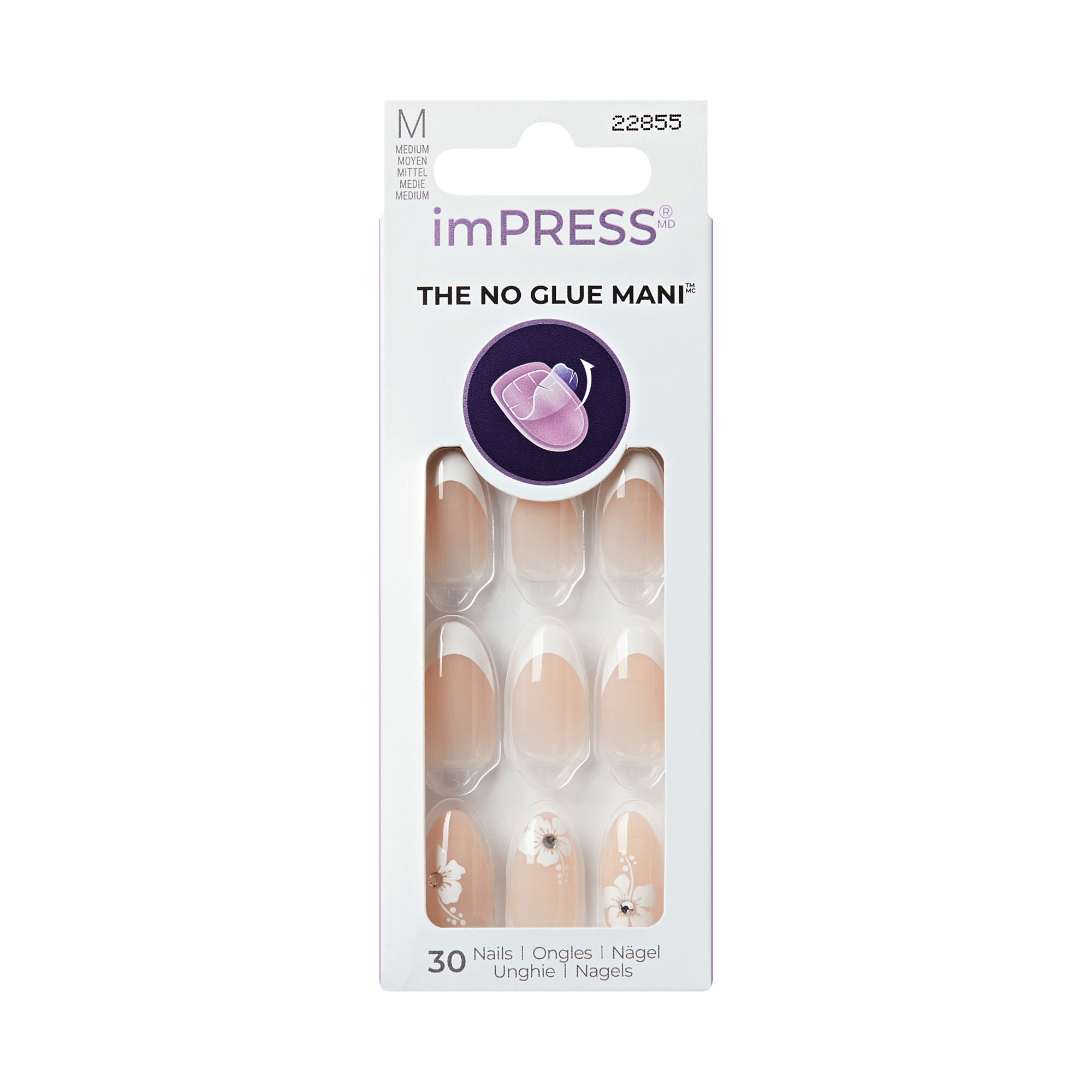 Impress Design No Glue Fake Press On Nails - Buttercup Shine | 3D & Jewel French Design, White, Medium, Almond, Manicure