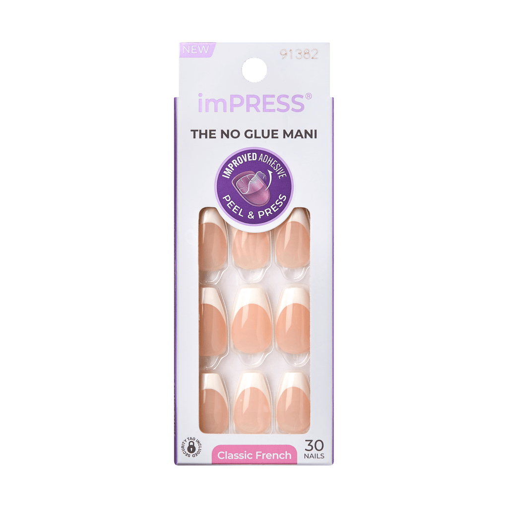 Impress French No Glue Fake Press On Nails - Ideal | French Tips, White & Neutral, Medium, Coffin, Manicure