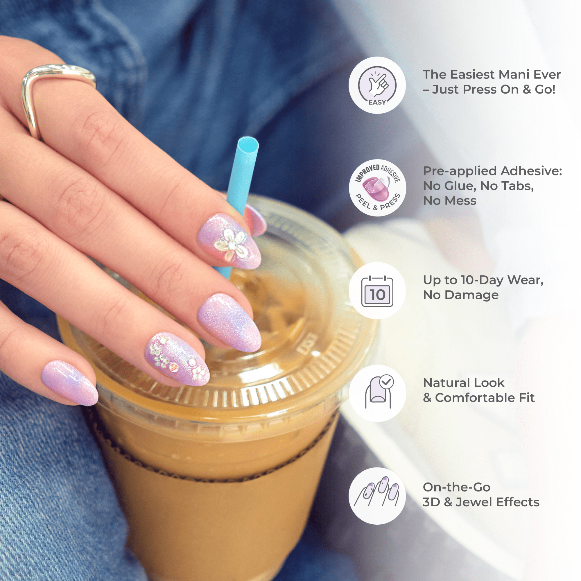 Impress Premium No Glue Fake Press On Nails - Best Life | 3D & Jewel French, Metallic Blue, Medium, Almond, Manicure